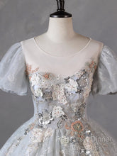 Grey Short Sleeves Tulle Ball Gown Semi Formal Prom Dress, Grey Ball Gown Sweet 16 Dress